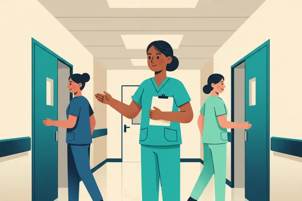 A charge nurse in teal scrubs standing in a ward corridor holding a clipboard, directing one colleague toward a patient room while another moves to a different door.