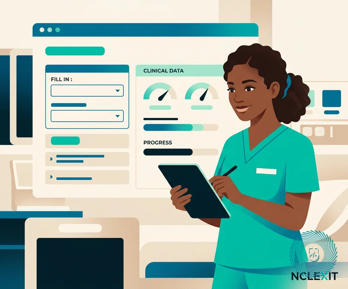 Vector illustration representing NCLEX drop down cloze questions on an electronic health record interface with NCLEXIT logo overlay.