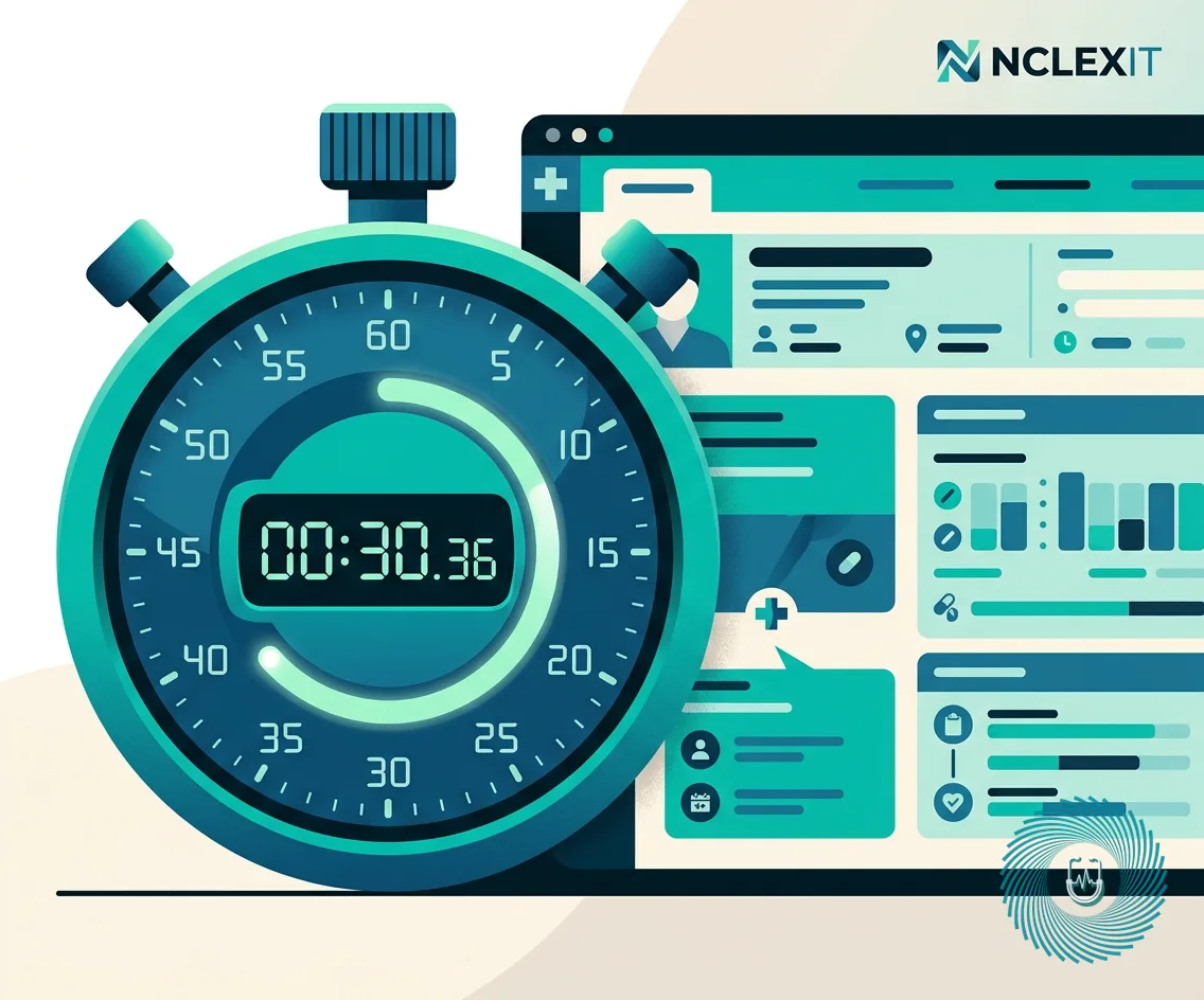 Diagram of an NCLEX 5-hour pacing timeline showing time allocations for case studies and standalone questions with NCLEXIT logo.