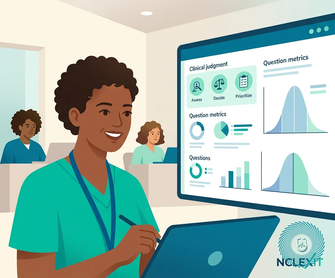 Editorial vector illustration with NCLEXIT logo showing computer adaptive testing stopping rules and clinical judgment measurement.