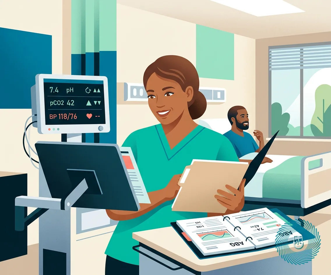 Editorial illustration of a nurse analyzing arterial blood gas values and client clinical cues on a medical chart.
