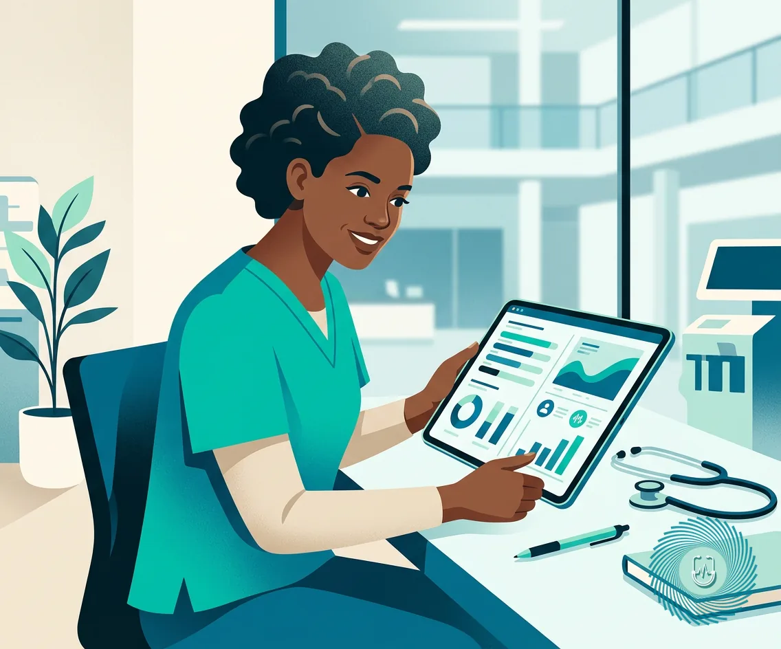 A nurse reviewing an NCLEX Candidate Performance Report with category bars on a digital tablet.