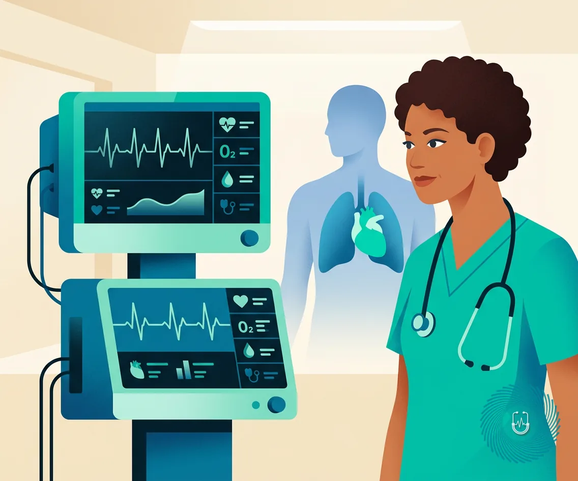 Vector illustration representing cardiopulmonary emergency monitoring including an ECG monitor and lung-heart anatomy.