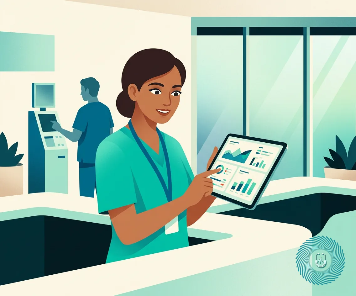 Editorial illustration of a nurse reviewing client chart data and vital signs to evaluate clinical outcomes on a digital screen.