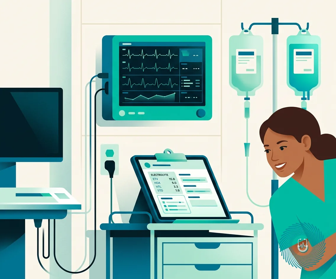 Vector illustration of a hospital telemetry monitor showing cardiac waveforms and an electronic health record with fluid and electrolyte values and the NCLEXIT logo overlay.