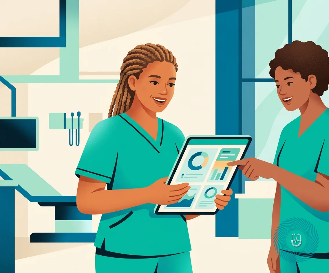 Illustration of a nurse analyzing highlighted client notes on a tablet screen