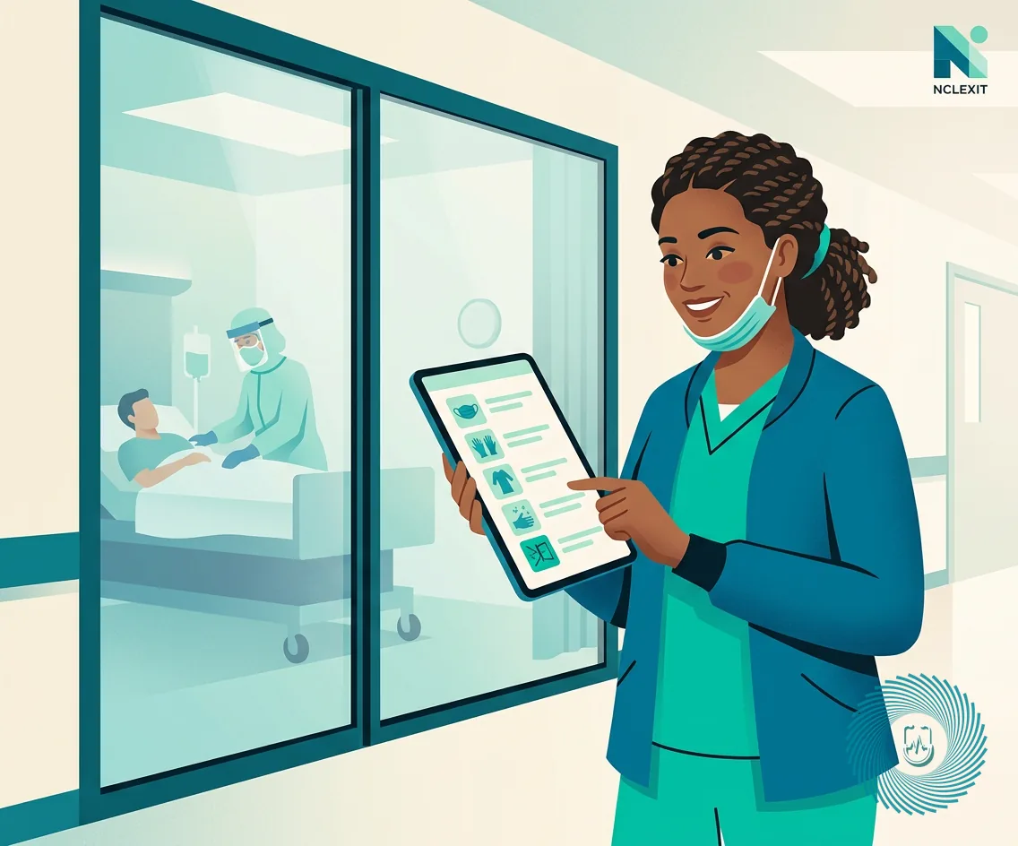 Vector illustration of a nurse reviewing infection control isolation precautions and protective equipment outside a client room with NCLEXIT logo