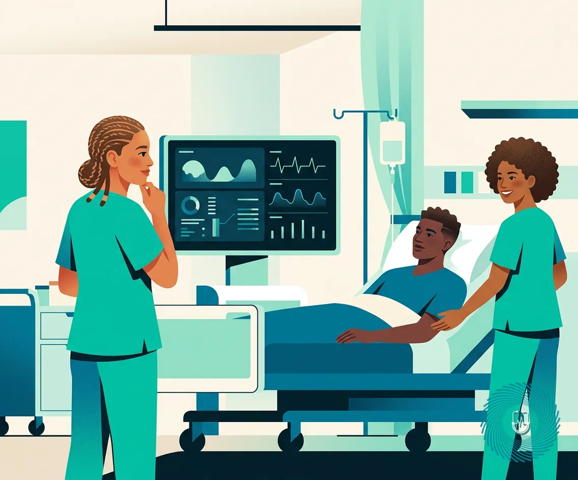 Vector illustration of a nurse assessing neurological clinical cues and vital signs in a hospital room