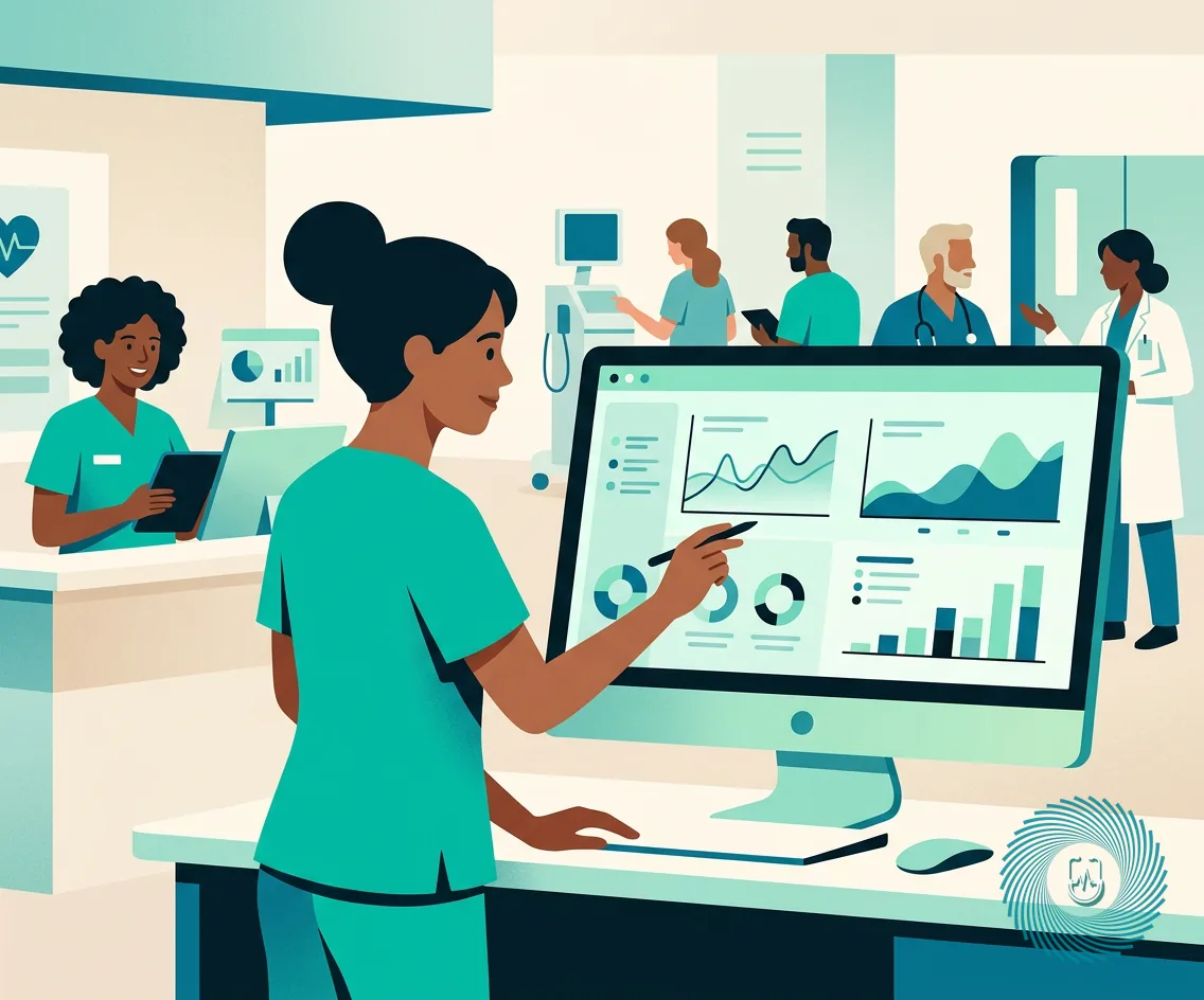 Illustration of an electronic health record displaying laboratory value trends and clinical cues for nursing interpretation.