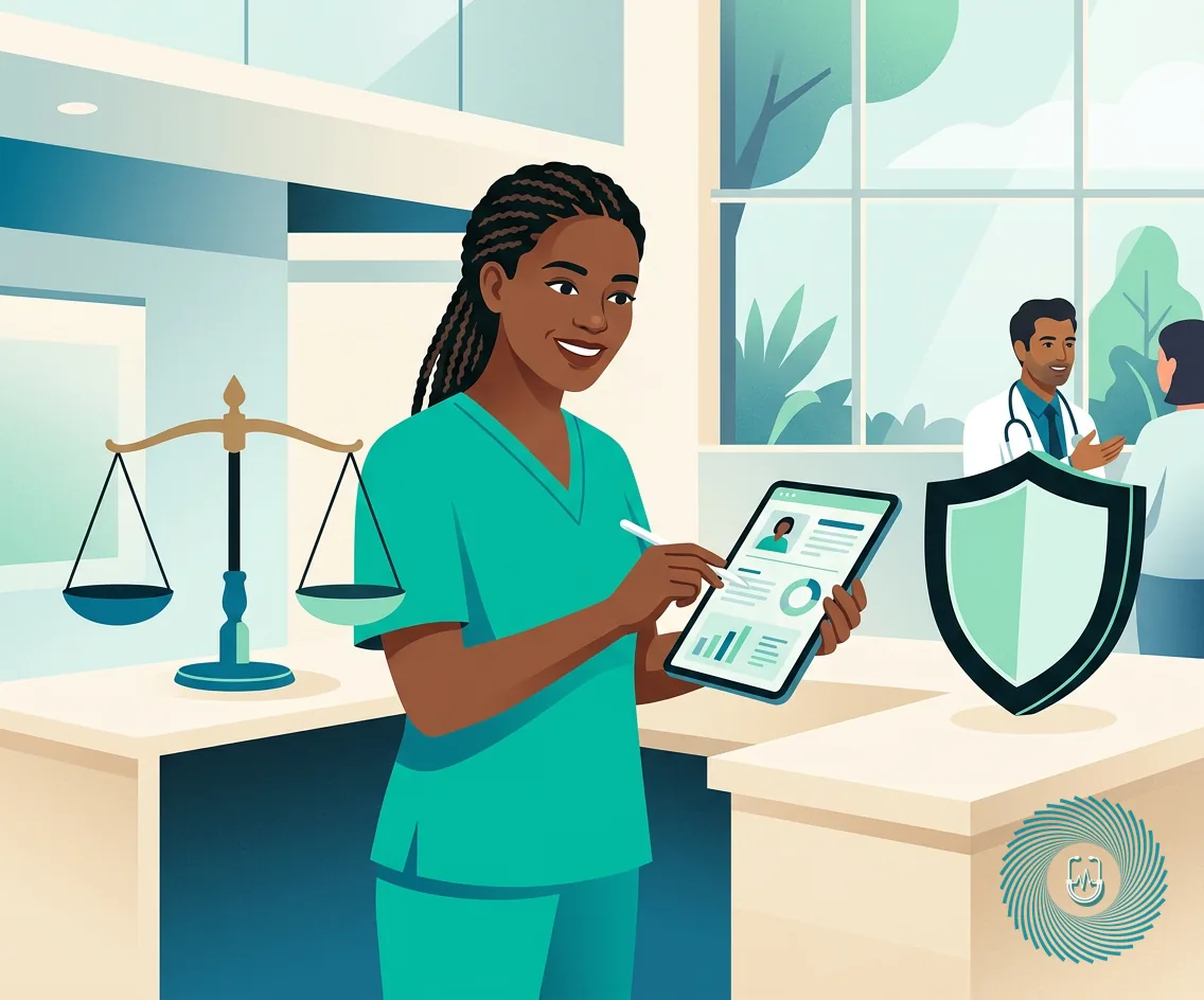 Vector illustration representing legal and ethical nursing considerations with a medical chart and balance scales.
