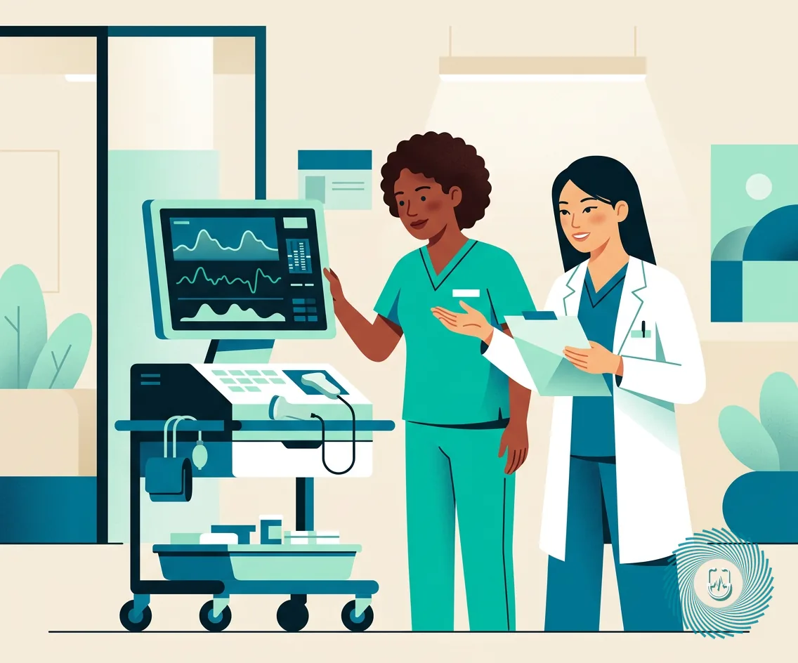 Vector illustration representing maternity triage assessment with clinical charts and electronic monitoring equipment.
