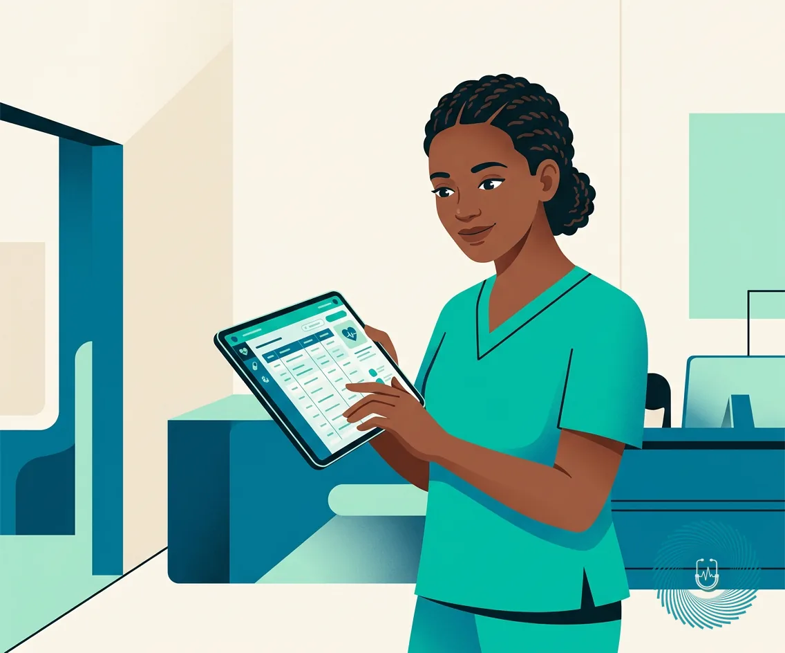Vector illustration of a nurse analyzing a clinical matrix table on a digital tablet.