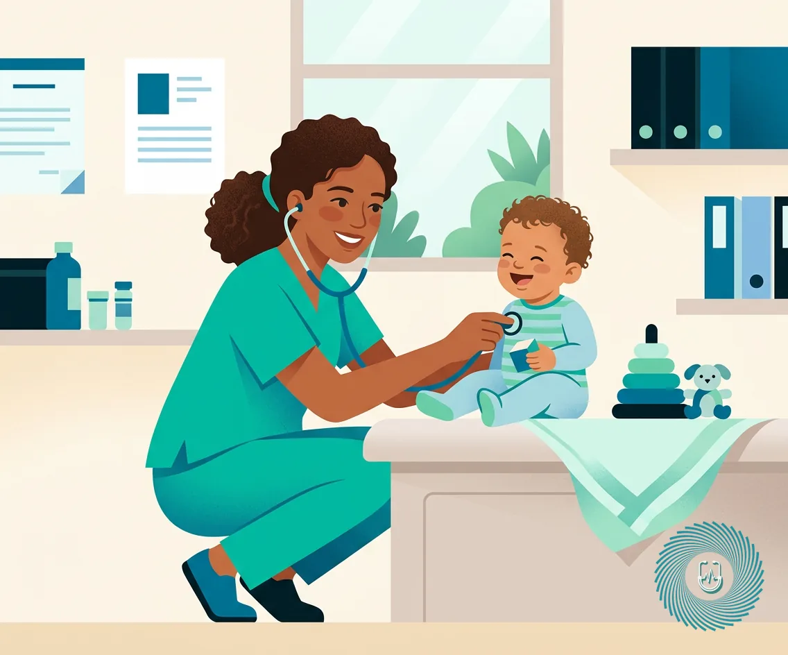 Vector illustration of a pediatric nurse evaluating a toddler client in a clinical setting.