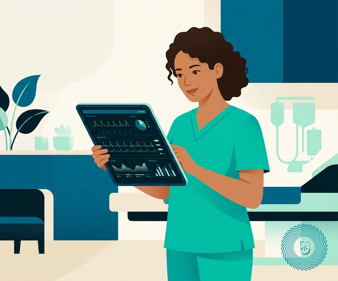 Vector illustration of a nurse reviewing clinical charts and vital signs to prioritize client hypotheses