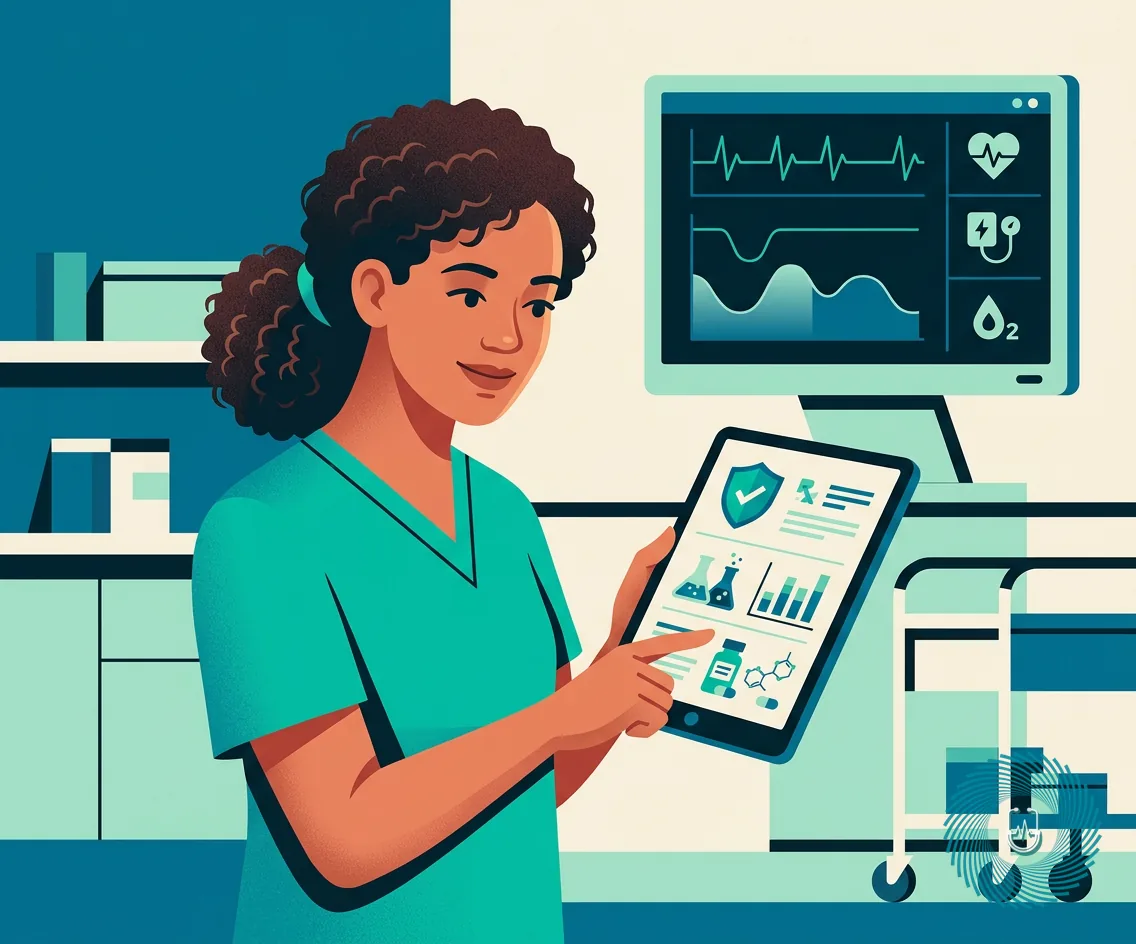 Editorial illustration of a nurse analyzing psychiatric medication data and clinical cues on a digital tablet.