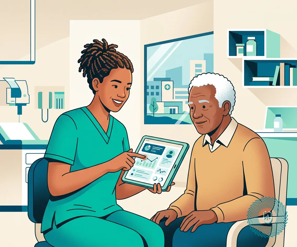 An illustration of a nurse analyzing patient health record tabs on a tablet to identify critical clinical cues.