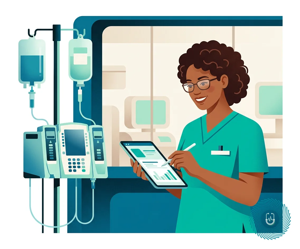 Vector illustration showing a nurse evaluating digital medication data and an intravenous infusion pump.