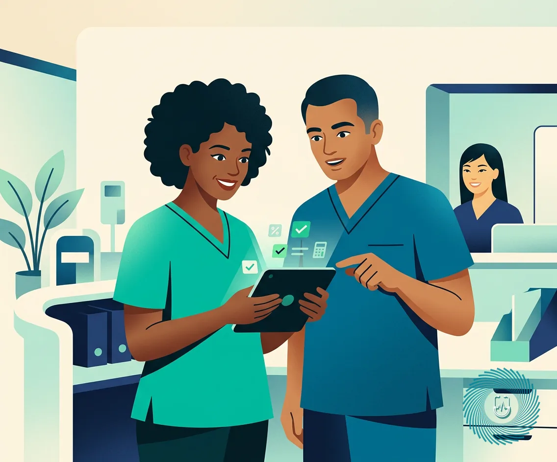 Vector illustration showing a nursing candidate reviewing clinical data and multiple-response scoring criteria.