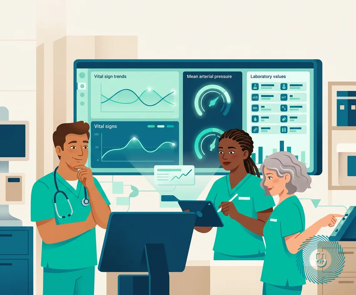 Illustration of an electronic health record monitor displaying vital signs and sepsis laboratory markers
