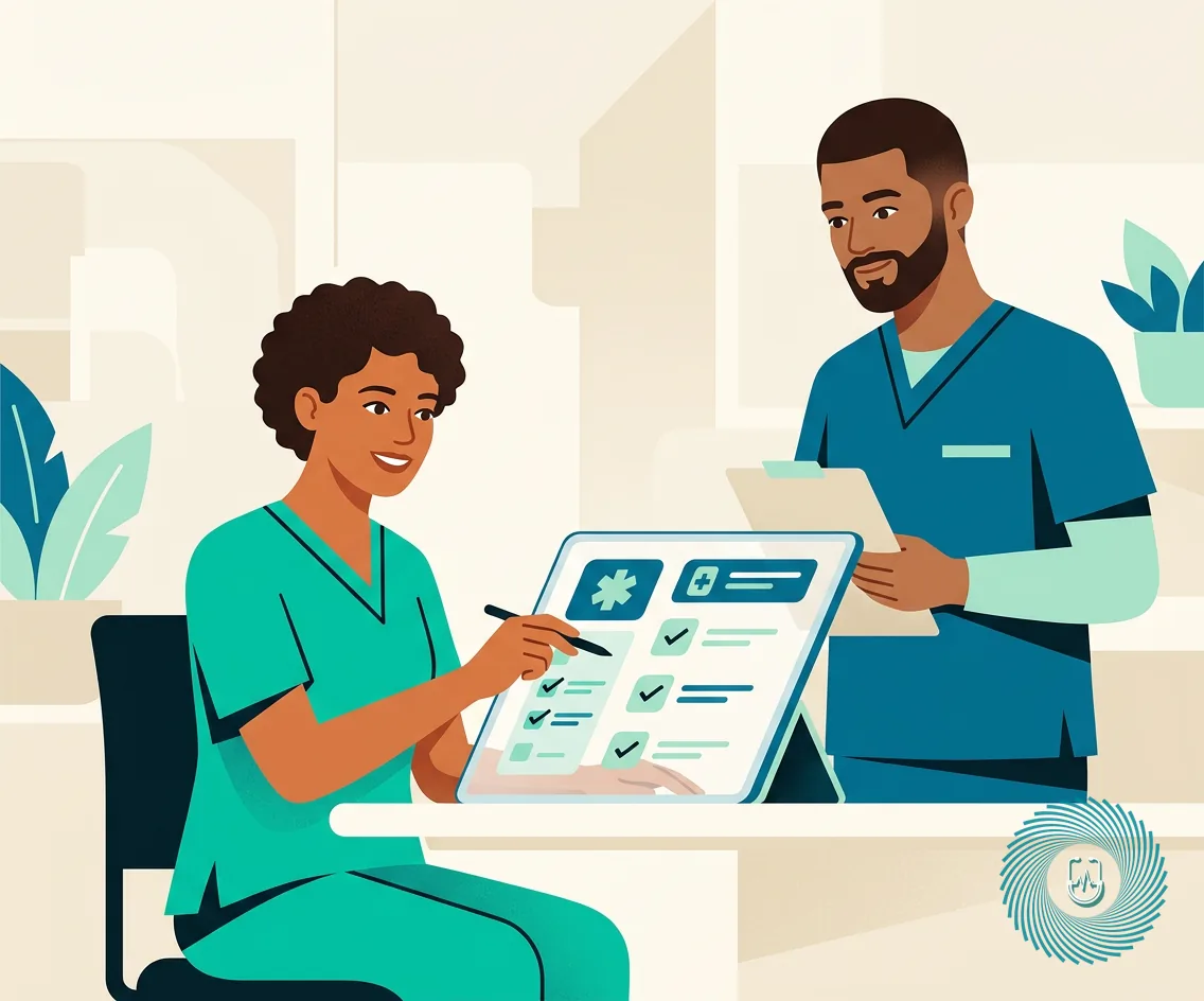 A nurse analyzing a digital patient chart to take action on clinical interventions.