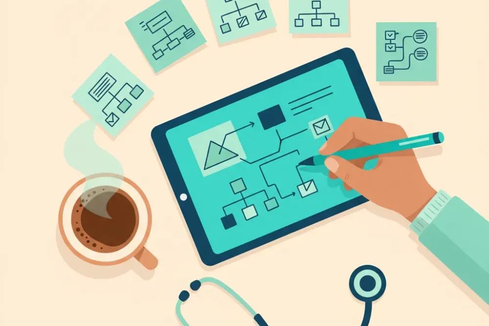 A study desk seen from above: a tablet showing a flowchart being drawn with a stylus, surrounded by sticky notes carrying small mind maps and comparison tables, a coffee and a stethoscope.